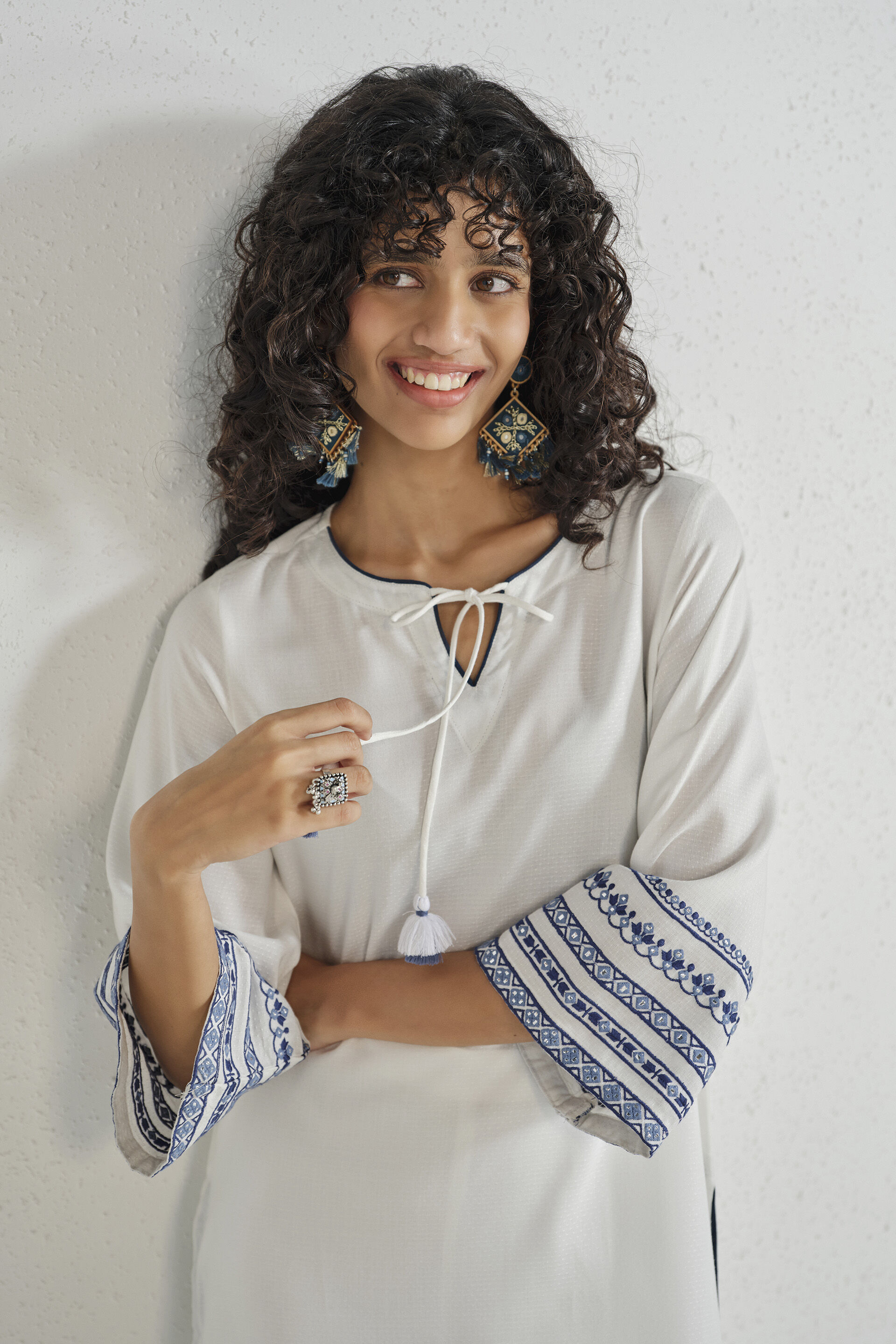 White Embroidered Long Kurta Set, White, image 3